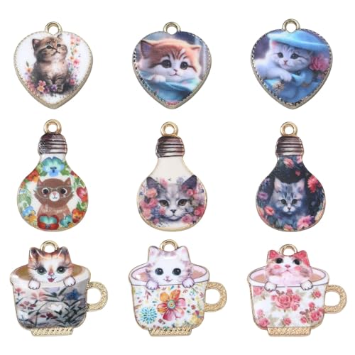 Stiesy 45Pcs 9 Styles Enamel Cat Charms Heart Lamp Bulb Cup with Cat Pendant Charm Printed Animal Dangle Charms Bulk for Jewellery Making Bracelets Crafting