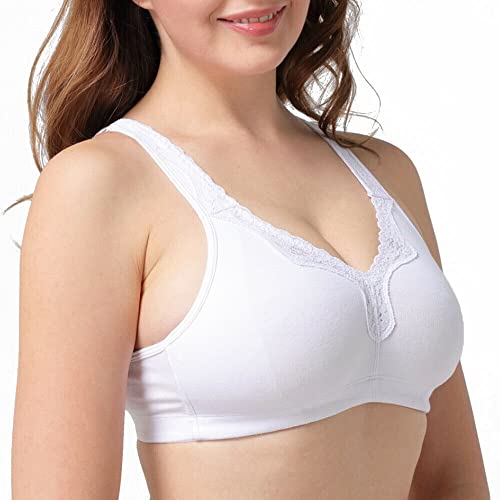 Telimussto Women's Plus Size Soft Cotton Lace Bra Full Coverage Wirefree Non-Padded 36-H White #TOP2