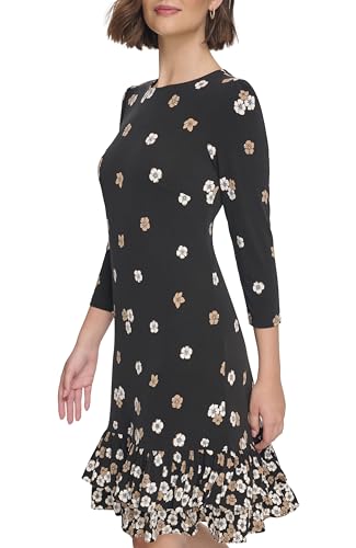Image of Tommy Hilfiger Women's 3 /4 Sleeve Crew Neck Double Ruffle Hem Jersey Shift Mini Dress