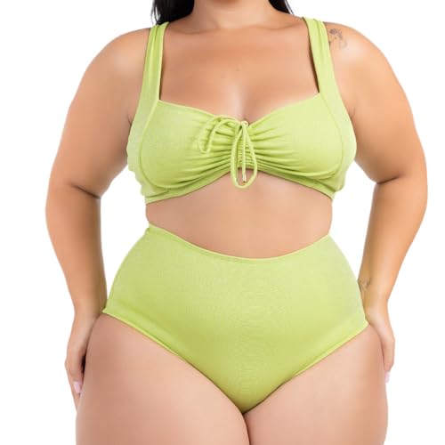 Biquíni Plus Size Feminino Bojo Franzido Calcinha Hot Pant Alças Largas Moda Praia Modela Cintura Al