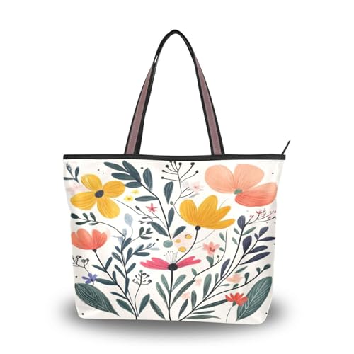 Ewusp Bolso de mano de lona con cremallera y flores de acuarela para mujer, bolso de hombro casual para viajes, compras, trabajo, a, 17.72' L x 13.0' H x 5.2' W