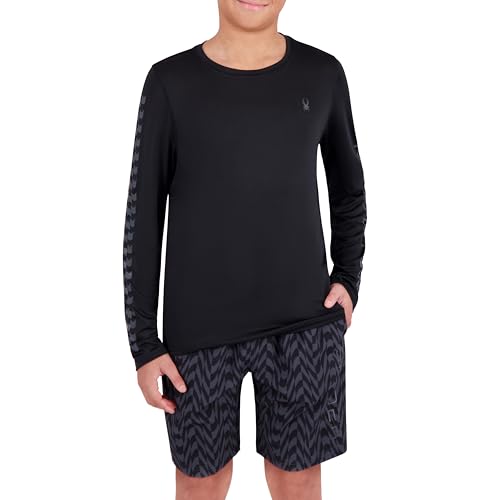 Spyder Jungen Langarm Rash Guard - UPF 30+ Sonnenschutz, schnelltrocknend, 4-Wege-Stretch-Badeshirt für Strand & Wassersport, Schwarz, Groß