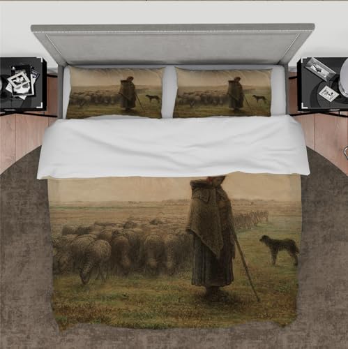 DINGSION Jean-Francois Millet Style Duvet Cover Set 3 Pieces Shepherdess with Her Flock Soft Bedding Set for Bedroom with 2 Pillow Shams 4 Ties Super king