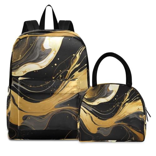 Backpack Lunch Box Set Large Capacity Travel Backpacks and Insulated Lunch Bag for Commute Hiking Picnic Gold Black Marble Print