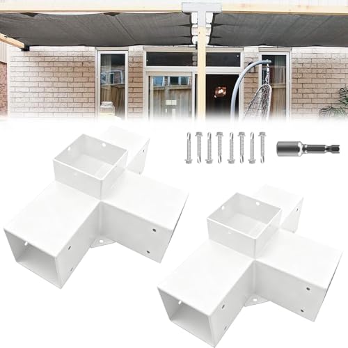 Image of 2Pack 4-Way Pergola DIY Bracket Kit,White Heavy Duty Right Angle Corner Brackets with Screws for 4 inchx4 inch(Actal:3.5 inchx3.5 inch) Wood Beams for Outdoor Pavilion,Kitchen,Porch,Hammock,Hunt Cabin
