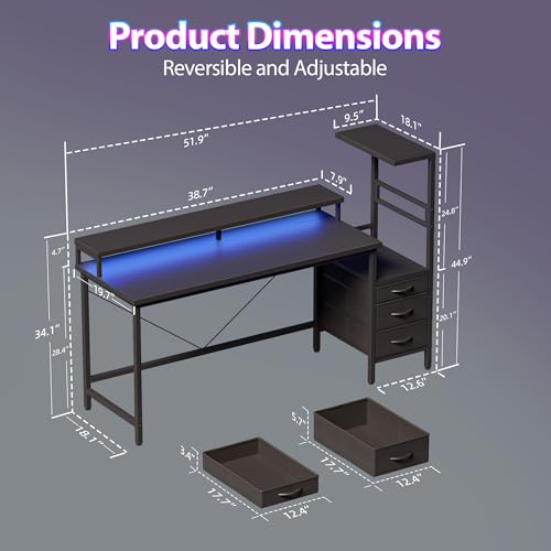 Image of Mericonia 52 inch Gaming Desk with Drawers, Reversible Computer Desk, Black