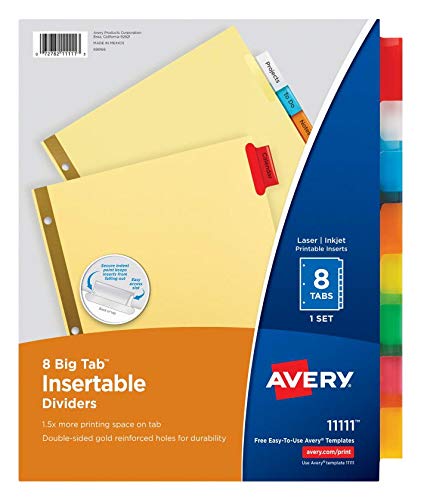 Avery 8-Tab Binder Dividers, Insertable Multicolor Big Tabs, 1 Set (11111)