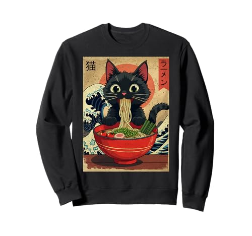 Vintage Cat Ramen arte giapponese Kawaii Neko Anime Regali divertenti Felpa