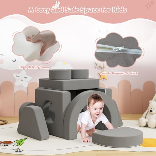 Image of HedoAjim 12 PCS Modular Kids Play Block Soft Child Couch Sofa Toddler Building Fortplay Climbing Bedroom Playroom Baby Convertible Floor Foam Cushion for Kids(Dark Gray-Double)