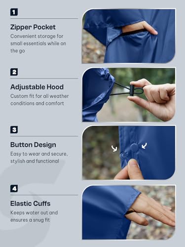 Image of SaphiRose Adult Rain Poncho Waterproof Hooded Zipper Raincoat with Pockets | OEKO-TEX Certified 100% Polyester, Lightweight Packable Storage Pouch, Heat-Sealed Seams, Quick-Dry for Outdoor Hiking