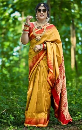 Image of NEW COLLECTION Women's Odisha Handloom Sambalpuri Pata Saree Temple Border Pasapalli Bomkai Buti Boyanika Design Saree Banarasi Soft Papa Silk Simple Ethnic Orissa Sari with Blouse Piece
