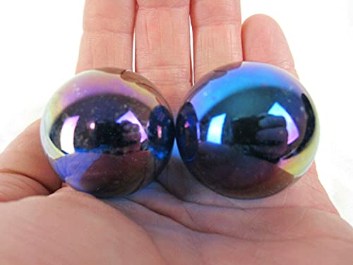 Big Game Toys Set of 2 LUSTERED Blue 35mm Boulder Iridescent Clear Metallic Large Shooter Solid Glass Marbles Home Decor/Vase Filler/Aquarium