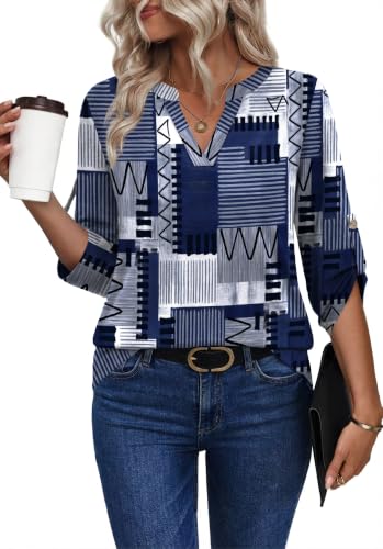 Image of XIEERDUO 3 /4 Length Sleeve Womens Tops V Neck T Shirts Both Side Buttons Blouses Business Casual Outfits Loose Fit