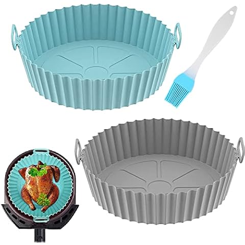 2 Pack Air Fryer Silicone Pot, 8 inch Reusable Air Fryer Silicone Liners Baking Tray, Heat-Resistant Food Grade Silicone Air Fryer Accessory Basket for Air Fryer Baking Microwave (Free oil brush) Cover