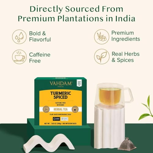 VAHDAM Turmeric Spice Herbal Tea - 100 Pyramid Tea Bags, Caffeine Free, Non GMO, Gluten Free, 100% Pure Herbal Tisane - Savory & Spicy, Whole Loose-Leaf, Resealable Pouch