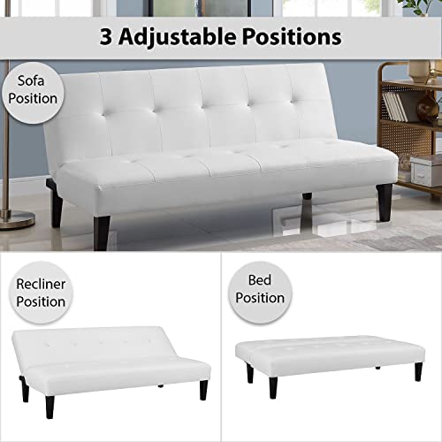 Naomi Home Button Tufted Futon Sofa Bed Pull Out Sofa Bed Couch Convertible With Wooden Legs, Folding, Reclining Small Couch Bed, Futon Bed For Living Room, White #TOP2