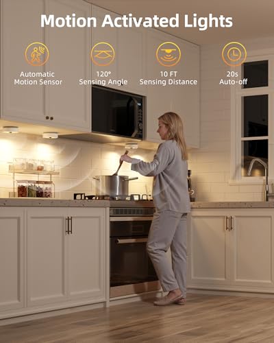 EZVALO Under Cabinet Lights, 2 Color Temps Motion Sensor Puck Lights, 1200mAh Rechargeable Puck Lights, Group Control LED Closet Lihgts, Dimmable Under Counter Lights for Kitchen, Cabinet (3 Pack)