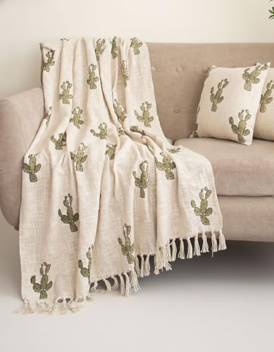 Image of Cotton Sofa Throw Blanket with 2 pcs Cushion Covers Beige (Nagfani Print, Pack of 3)
