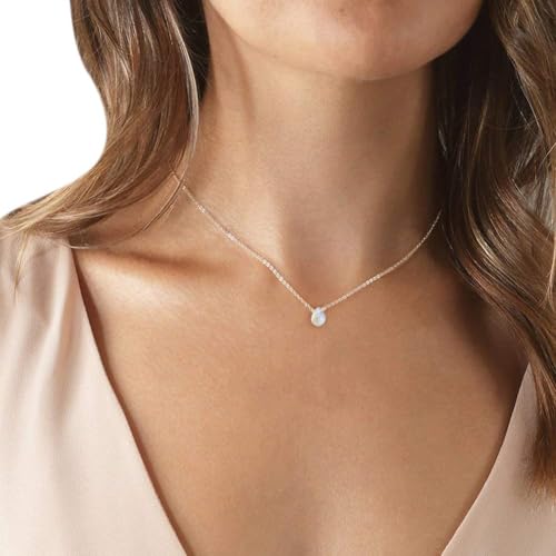 Metzakka Rainbow Moonstone Sterling Silver Necklace for Women, Handmade Genuine Teardrop Healing Stone, 16”-18” Chain June Birthstone Jewelry