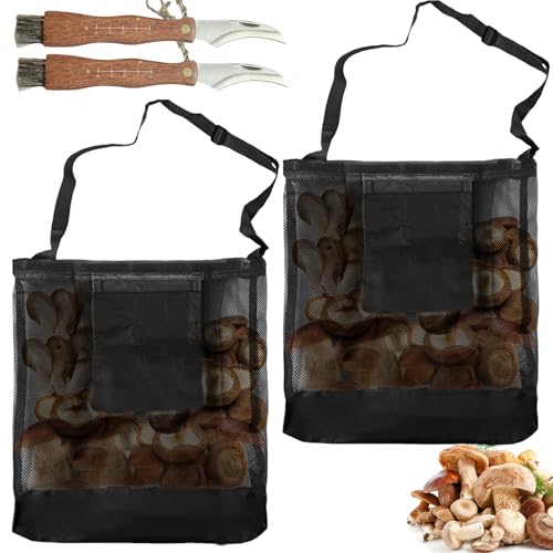 Paquete de 2 bolsas de malla para setas, cuchillo para setas con cepillo, bolsa de 38,5×25 cm para búsqueda de alimento, bolsa de caza de morillas plegable, bolsa de malla para recolección de setas
