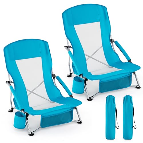 GOPLUS Silla Playa Plegable Ligera con Portavasos (2, Azul)
