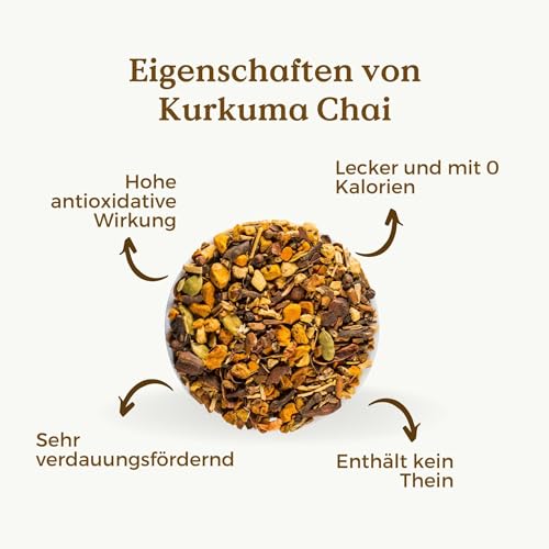 Kurkuma Chai Tee BIO 100g (50 Tassen) | Ayurvedischer Tee mit Kurkuma, Ingwer, Süßholz, Zimt, Apfel und Kakao REPLANTEA