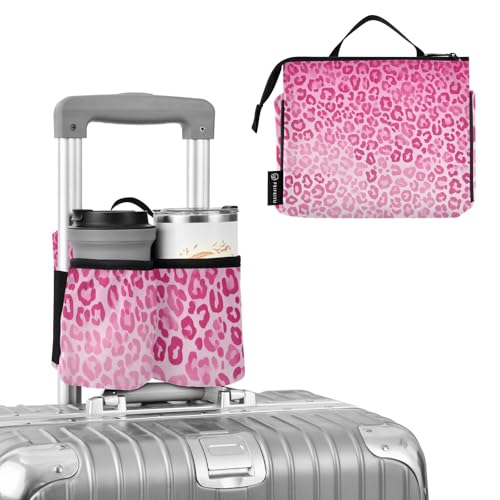 Image of Luggage Cup Holder for Suitcases Free Hands Suitcase Cup Holder Portable Travel Luggage Drink Cup Caddy Bag Carrier with Handle Gradient Pink Leopard Print