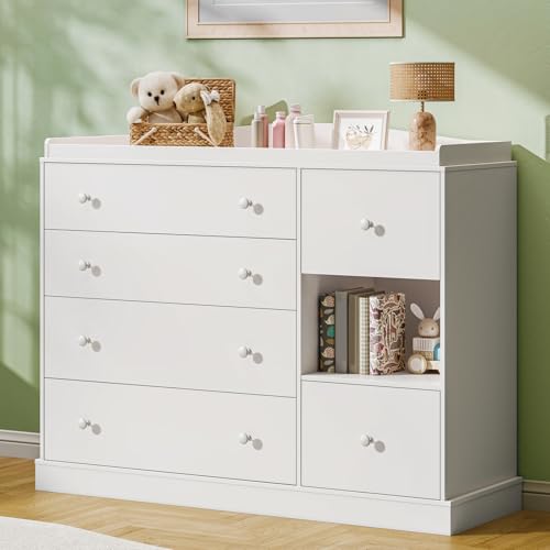 Halitaa Kids Dresser Cabinet with 6 Drawers Changing Table for Nursery with Shelf Multi-Functional Chest of Drawers Kids Bedroom Furniture Nightstand for Childrens Room White