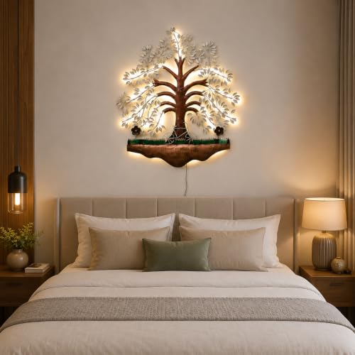 Image of Bharat Art Metal LED Tree Wall Art | Handcrafted Iron Tree Wall Hanging for Living Room, Bedroom, Hall & Office Pesto Tree White B, 31 x 2 x 40 Inch | WD056 (B)