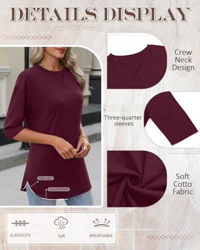 Riyiper 3 Pack Elbow Length Tee Shirts for Women Cotton 3/4 Sleeve Tunic Tops Round Neck Fall Curved Hem Leggings Blouse4