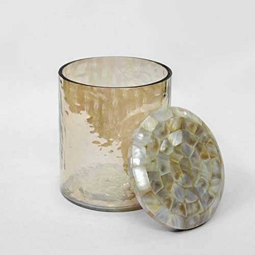 Image of nu steel Hammered Glass Canister Small with MOP LID, Bathroom Vanity Glass Storage Organiser Canister Apothecary Jars for Cotton Swabs, Rounds, Balls, Makeup Sponges,