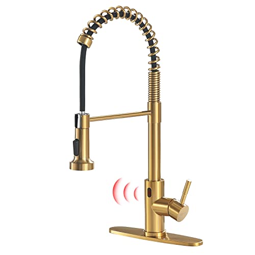 GIMILI Gold Touchless Faucet with Pull Down Sprayer Motion Sensor Smart Activated Single Hole Spring Faucet for Kitchen Sink