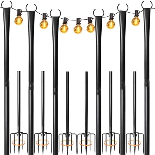 6 Pack String Light Poles for Outside, Heavy-Duty Metal Light Pol...