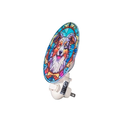 Image of Stained Glass Styled Sheltie Night Light - Real Glass Plug-in Dog Night Light, Pet Memorial or Bedroom Decorative Accent for Home Decor