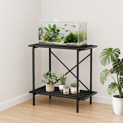 Image of ecofynd 2-Tier Fish Tank Stand, Double-Layer Aquarium Stand with Adjustable Table Feet, Heavy Metal Storage Rack Suitable for Home and Office, (Black, FS-PS050)