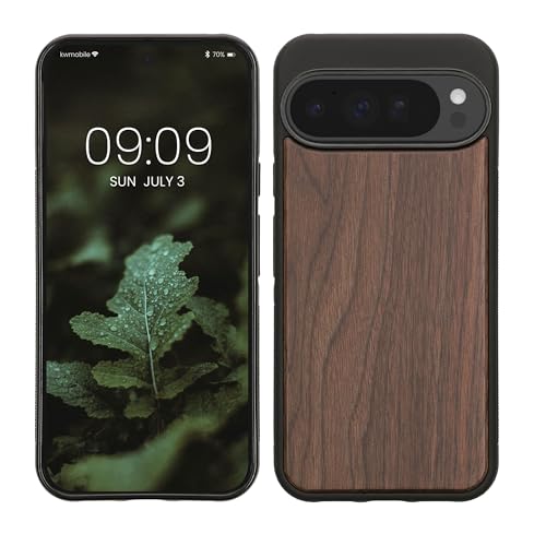kwmobile Real Wood Case Compatible with Google Pixel 10 Pro XL Case - Hard Wooden Cover w/TPU Bumper - Dark Brown Walnut
