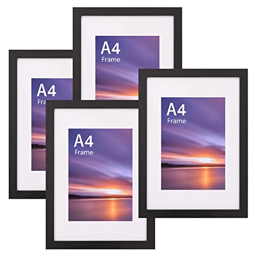 A4 Solid Wood Photo Frames set of 4 with stand, A4 Picture Frames 4 Pcak with A5 mat, Certificate Frame or Poster Frame, Wooden Photo Frame Plexiglass Window Black