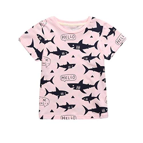2-7 Years Toddler Kids Baby Boy Girl Letter Shark Cartoon Print Casual Tops Blouse T-Shirt Outfit Summer (Pink, 5T)