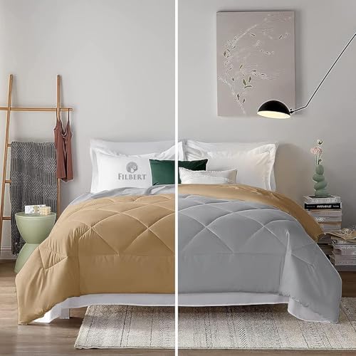 Image of Filbert 600 GSM Comforter for King Size | Super Warm Winter Quilt /Rajai | Thick Microfiber Blanket with Cloud-Soft Fill | Luxury Bedding for Winters - 92x106 Inch | Silver /Beige