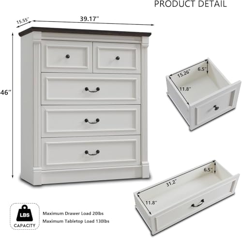 Image of Farmhouse 5 Drawers Dresser for Bedroom, 46 inch Tall Dressers & Chests of Drawers w /Roman Column, Large Storage Dressers Organizer for Bedroom, Hallway, Living Room, White