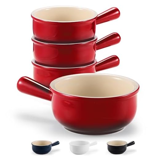 KooK French Onion Soup Crocks, Ceramic Bowls, Broil, Oven, Microwave and Dishwasher Safe, for Cereal, Soups, Casseroles, with Handle, Stoneware, 15 oz, Set of 4, Red Ombre