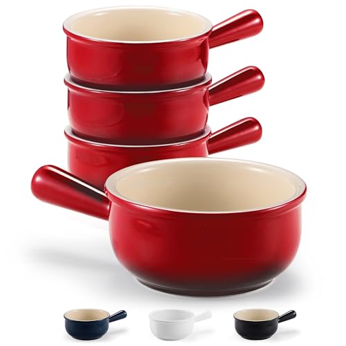 KooK French Onion Soup Bowls, French Onion Crocks, Bowl with Handles, 15 oz, Set of 4, Ceramic Bowls, Microwave, Dishwasher Safe & Oven safe, Stoneware (Red Ombre) by KooK - Used condition - US$24.71