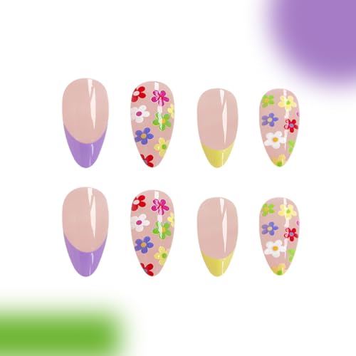Flower Press on Nails - Medium + White Tip French,Colorful Flowers Fake Nails Kit with 24 Nails,24pcs jelly glue stickers,1pcs mini nail file,1pcs wooden stick （ Cute Floral Nails for Women and Girls） - Thumbnail 5