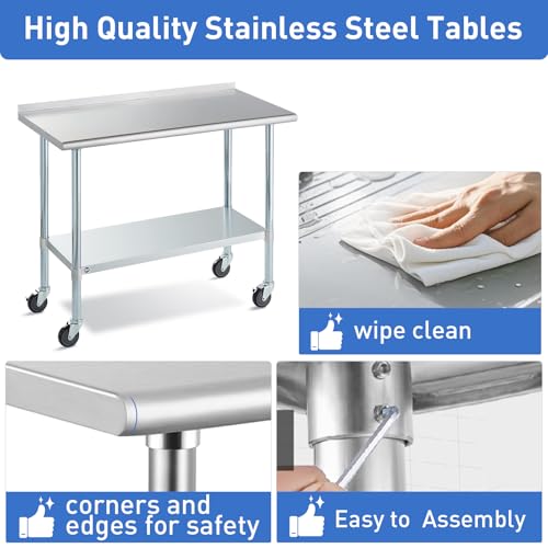 Image of Stainless Steel Table for Prep & Work with Caster & Backsplash 24x60 Inches, NSF Metal Commercial Kitchen Heavy Duty Table with Adjustable Under Shelf and Table Foot for Restaurant, Home and Hotel