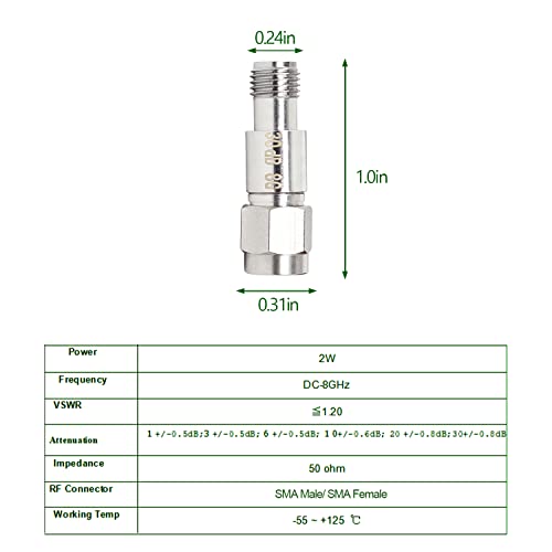 XRDS -RF Atenuador RF coaxial SMA macho para SMA fêmea, CC para 8 GHz, 50Ohm, 2W, 30dB atenuador con