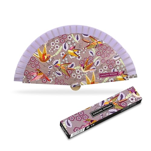 CATALINA ESTRADA | Abanico Catalina Estrada | Abanico Pequeño De Madera| Hecho A Mano De 23 Cm | Abanico Plegable Original | Ideal para Eventos Y Verano | para Llevar En el Bolso (1, Petunia Lila)