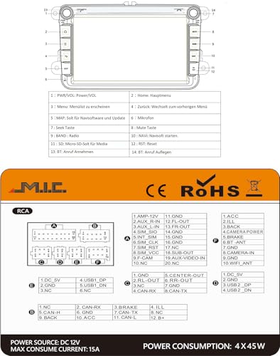M.I.C. AV8V7-L2 Android 14 Autoradio für VW Golf 5/6 Passat Touran Tiguan T5 / Skoda/SEAT (RNS/RCD Ersatz) – 8\ QLED, 4GB+64GB, Apple CarPlay/Android Auto, DAB+(Antenne inkl.), CANBUS integriert
