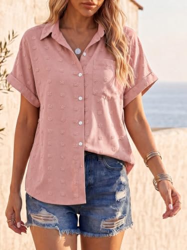 Tankaneo Womens Button Down Shirts Short Sleeve Summer Casual Blouses V Neck Swiss Dot Collared Shirt Tops — view 3
