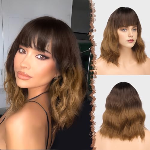 FESHFEN Pelucas Negro a Marrón Ondulado con Flequillo para Mujer, 35 cm Peluca Bob Rizado Corta Sintética Pelucas de Cabello Parte Media Longitud del Hombro de Fiesta