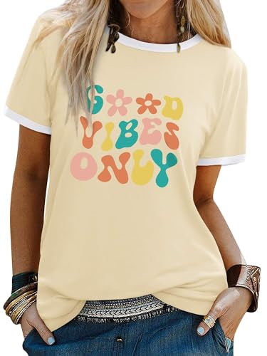 Dresswel Damen Good Vibes T-Shirt Regenbogen Druck Tshirts Rundhals Kurzarm Oberteile Hemd Tee Tops Bluse